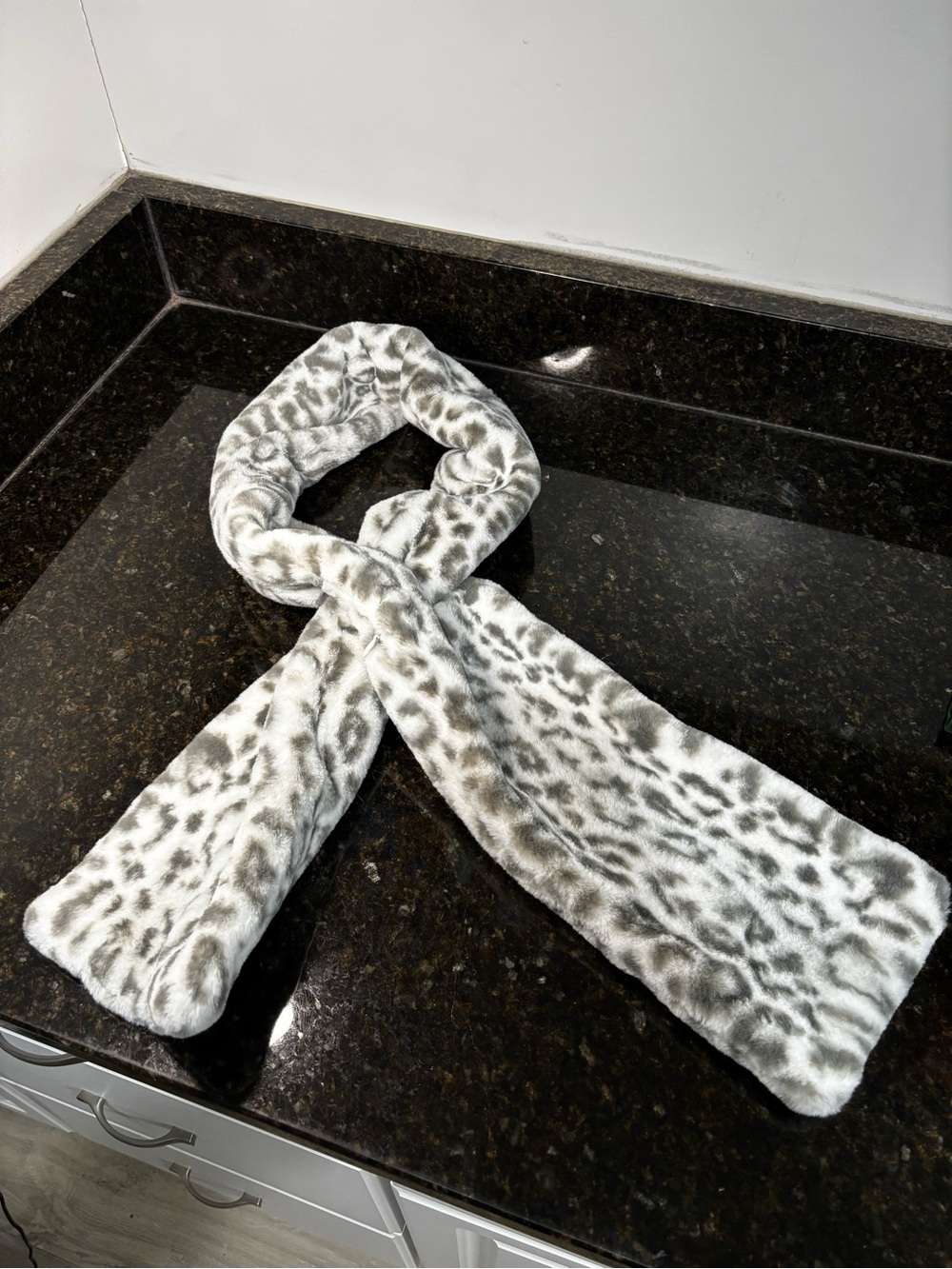SPRIGS Faux Fur Snow Leopard Print Scarf w/Hidden Zipper Pocket